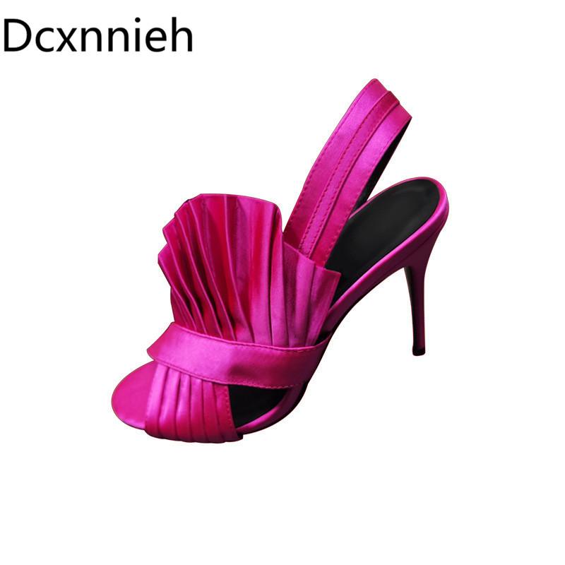 

Pleated Silk Satin Lady Summer Sandal Shoe Peep-toe Sexy Purple Red Yellow Shoes Back Strap Thin Heel Wedding Sandalias Woman, Black