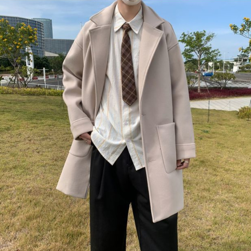 

2021 New Korean Long Men's Fashion Casual Oversized Men Loose Autumn Winter Woolen Trench Coat Mens Overcoat 37mf, Beige
