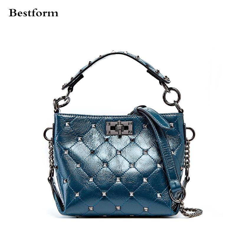 

Genuine Leather Women Leather Shoulder Bag 2021 New Arrive Fashion Lingge Chain Small Bucket Bag Rivet Decoration Little Bags, Black