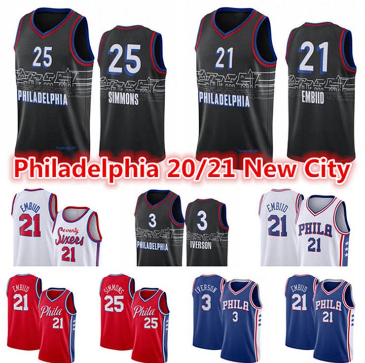 

Tyrese 0 Maxey Men's Joel 21 Embiid Blue Sixers Jersey Ben 25 Simmons 76er City Allen 3 Iverson Black Edition Basketball Jerseys, Black;red