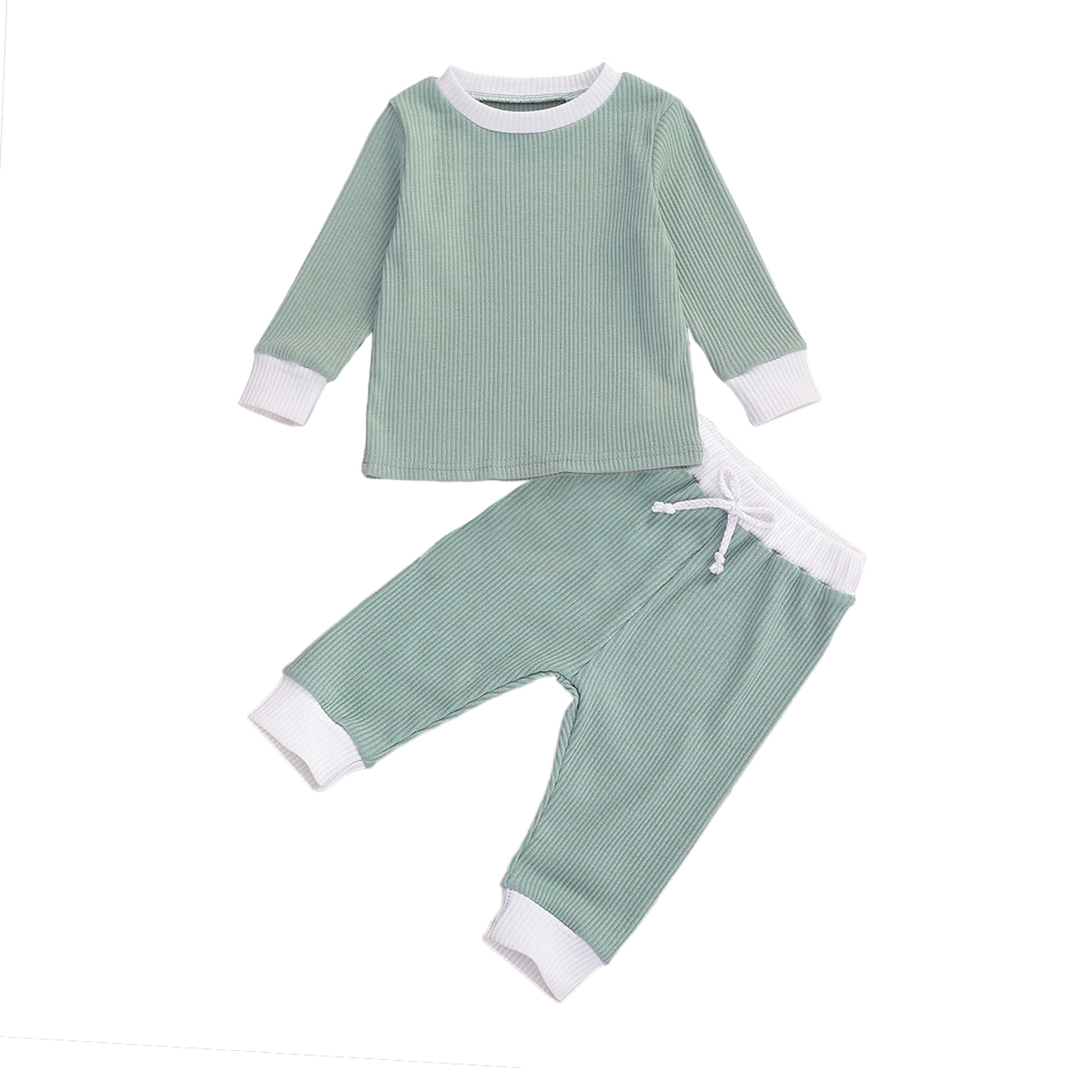 

0-24M Kid Baby Girls Ribbed Solid Clothes Set Boys Long Sleeve Bandage O-neck Solid T-shirt Pants Outfit Autumn 2PCS Sets, Brown