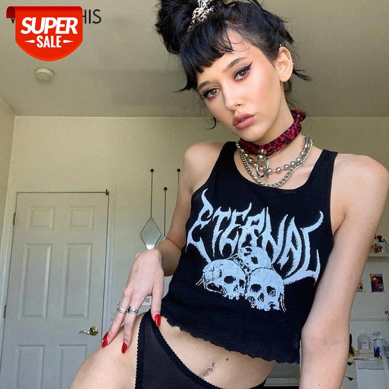 

WannaThis Skull Print Summer Women Cotton Crop Top Summer O-Neck Slim Sleeveless Black Gothic Style Fashion Streetwear Tank Top #uQ77, White