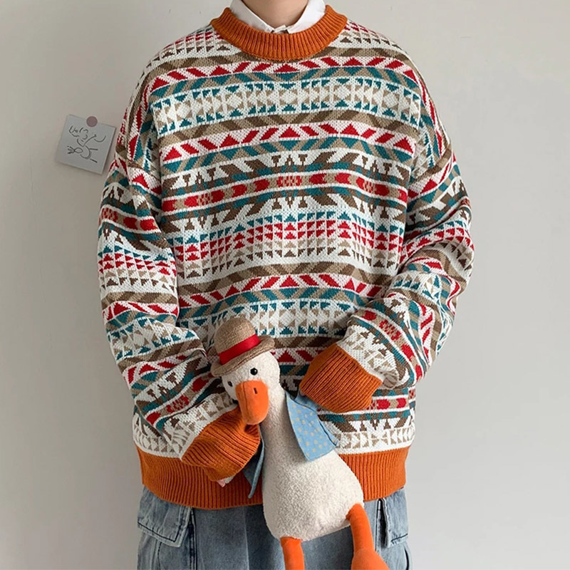 

men's sweaters suÃ©ter de malha vintage masculino, blusÃ£o solto com gola redonda, jacquard n1s7, White;black