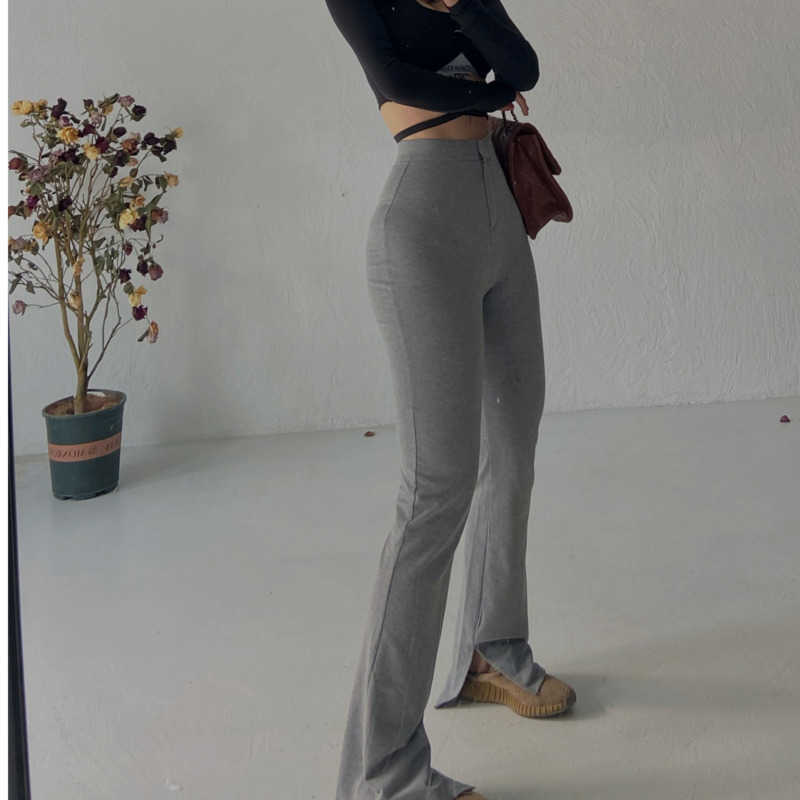 

WOMENGAGA Split Design Slim Stretch Trousers High Waist Solid Grey Casual Pants Girl Tight Flare CC8F 210603, Gray