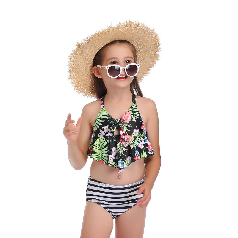 

One-Pieces OPPERIAYA Little Baby Girls 2PCS Bikini Set Sling Ruffle Hem Crop Front Knot Tops Low Cut Polka Dot Floral Striped Panty, Black
