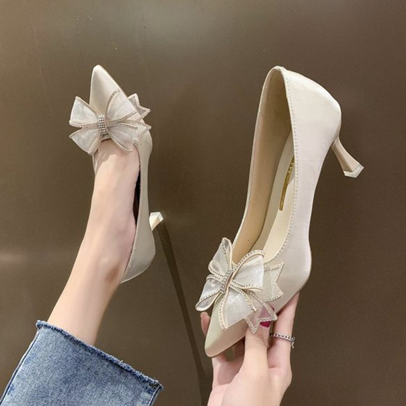 

2021 High Heels Ladies Spring and Autumn New Bowtie Pointed Stiletto Only Shoes Eight Inches in Women's Bombs 01m2, Beige.