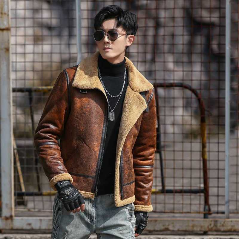 

Men's Winter Down Jacket Warm Hoodle Sheepskin Aviation Genuine Leather Bomber Jacket Men Real Flights Black Aviator Pilot Coat P0813