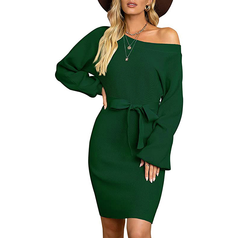 

2021 European and American cross-border Amazon autumn and winter new knitted solid color slim women's long-sleeved bag hip off-shoulder dress, Black;gray