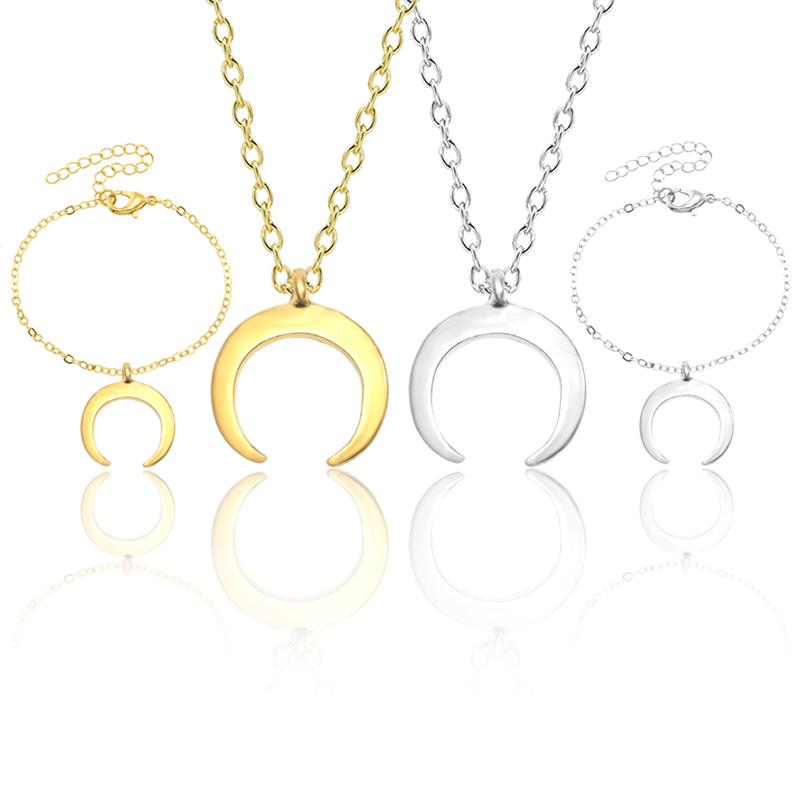 

Earrings & Necklace Fashion Creative Girl Moon Bracelet Set Personality Gold Crescent Pendant Ladies Clavicle Chain Jewelry Gift, Silver