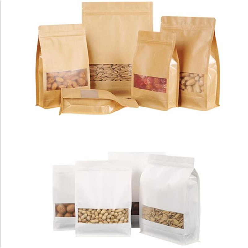 

Kraft Paper Packing Bag Reusable Stand Up Storage Pouch Package Bag With Window for Storing Snacks Tea Food