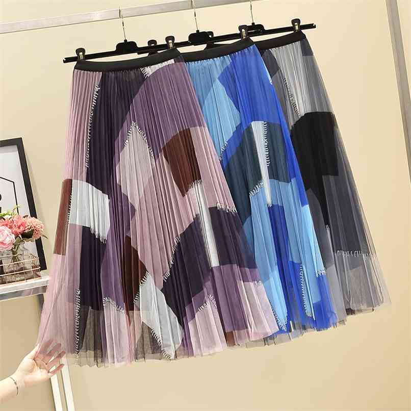 

Color block Patchwork Printted Maxi Tulle Skirts Women Korean Style Fashion High waist Elastic Pleated Long Skirt Female 210602, Coral red