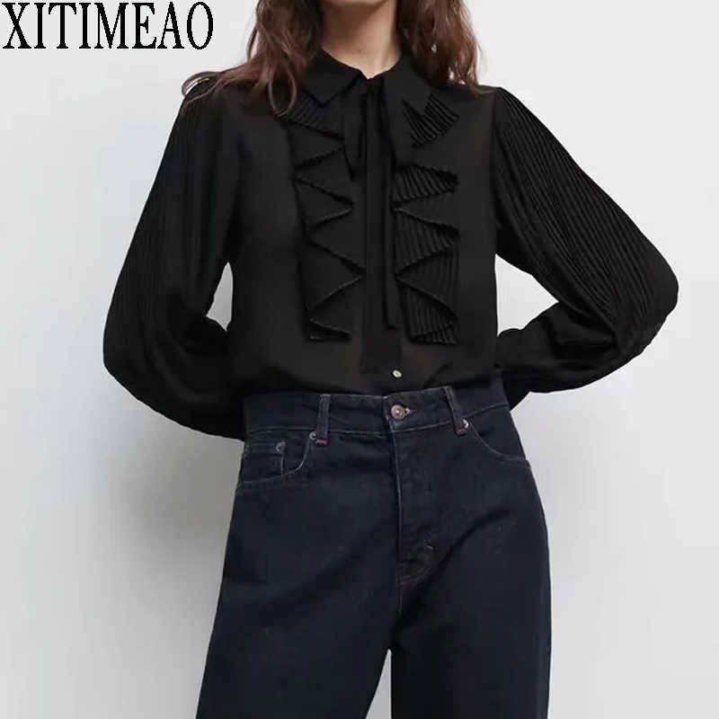 

ZA Fashion Retro Black Lapel Blouse Women Elegant Loose Long Sleeve Chiffon Perspective Shirt Casual Chic Tops 210602