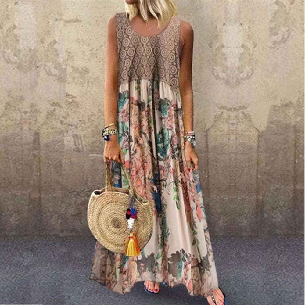

2020 dress print contrast stitching round neck sleeveless, Black;gray