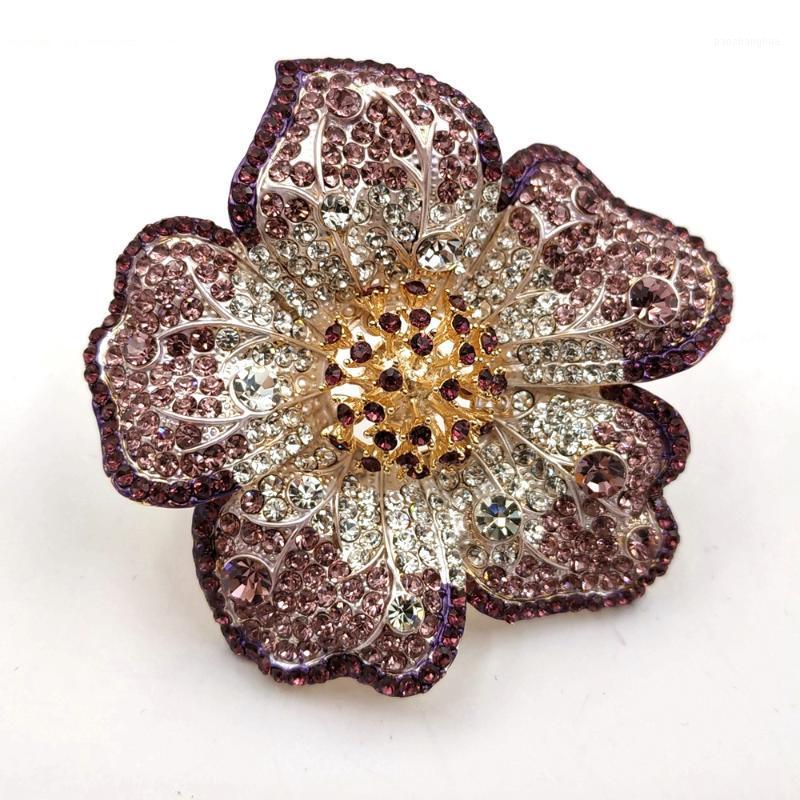 

Stunning Vintage Golden Stamen Deep Pink Flower Brooches Full Micro Pave Crystal Waving Petal Pins Women Wrap Jewelry Pins,, Gray