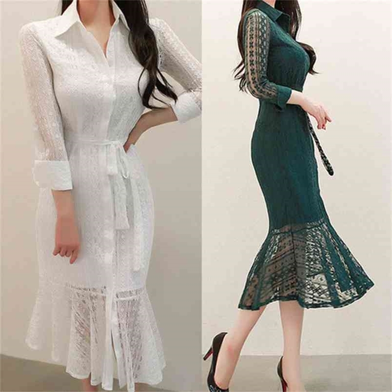 

Vintage Turn-down Collar Lace Up Women Mermaid Dress Single Breasted up Female Long Elegant Party Vestidos femme 210603, White