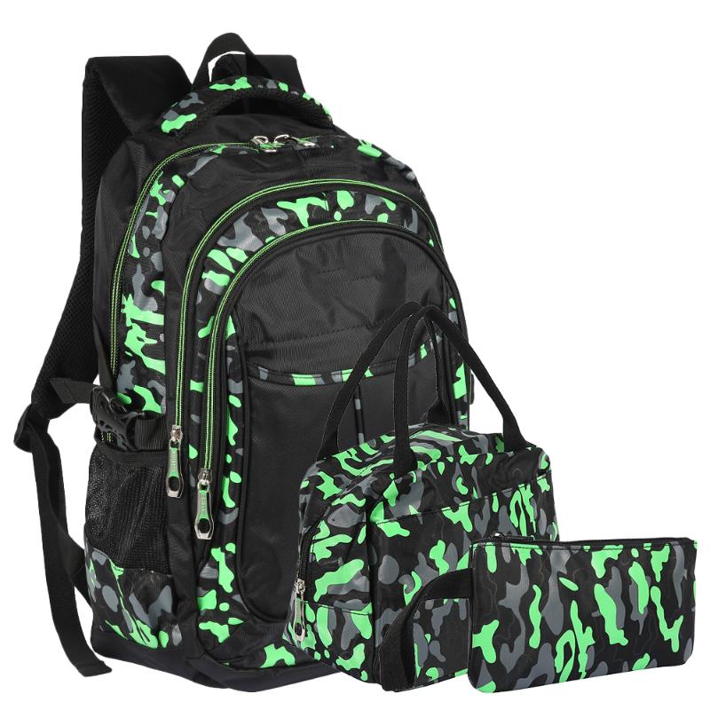 

School Bags 3Pcs/set Waterproof Breathable Teens Backpack Set Lightweight Nylon Travel Boys Kids For Outdoor Caming Hiking Lunch, Green-44 x 35 x 4 cm
