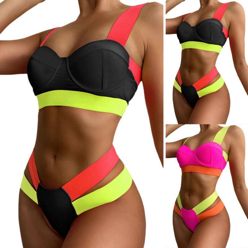 

Women's Swimwear Women High Waist Bikini Set Sports Sling Color Block Swimsuit Hollowing Out Bathing Suit, Red