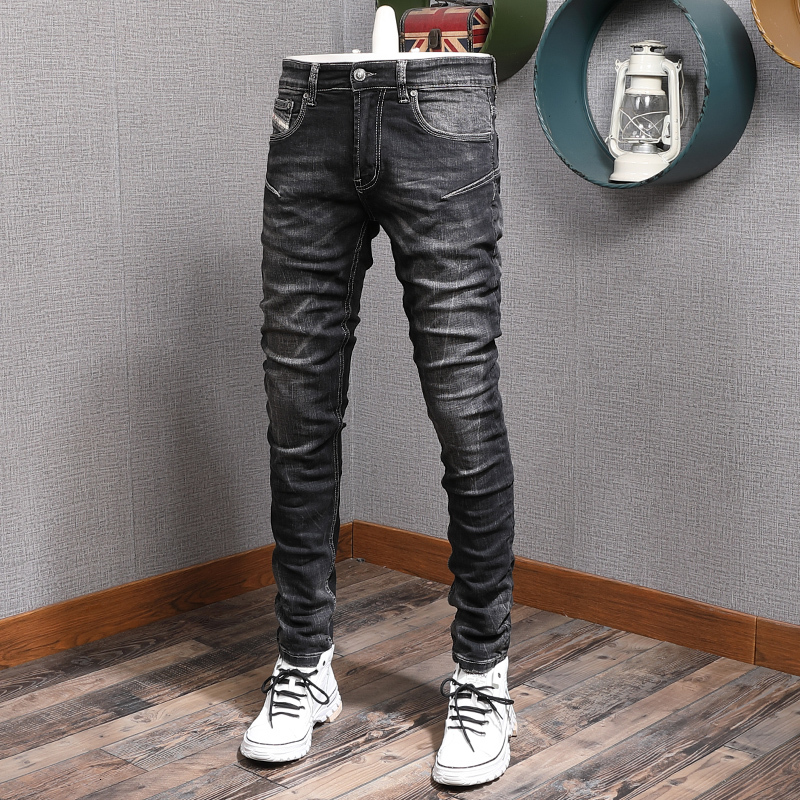 

2021 New Italian Style Fashion Men Jeans Black Color Elastic Slim Fit Casual Denim Pencil Pants High Quality Vintage Designer Trousers Lmcf