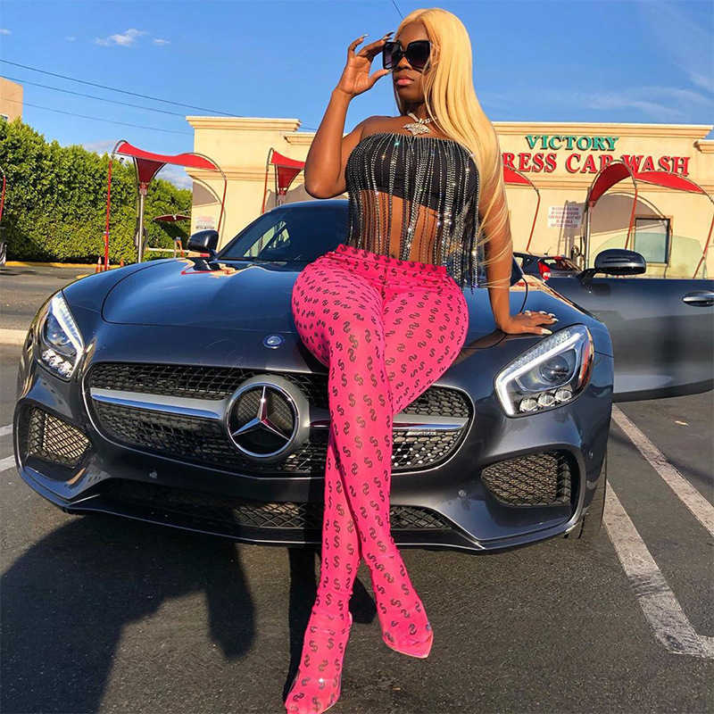 

QuanRun Symbol Print High Waist Slim Long Pants Sexy Casual Women Trousers Party Club Streetwear Spring 210604, Rose red