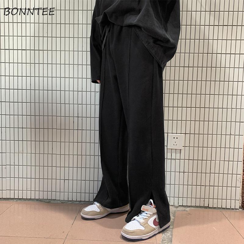 

Men's Pants Side-slit Casual Men Loose Straight Full Length Trousers Drawstring High Waist Simple Students All-match Daily Males Kpop, Black