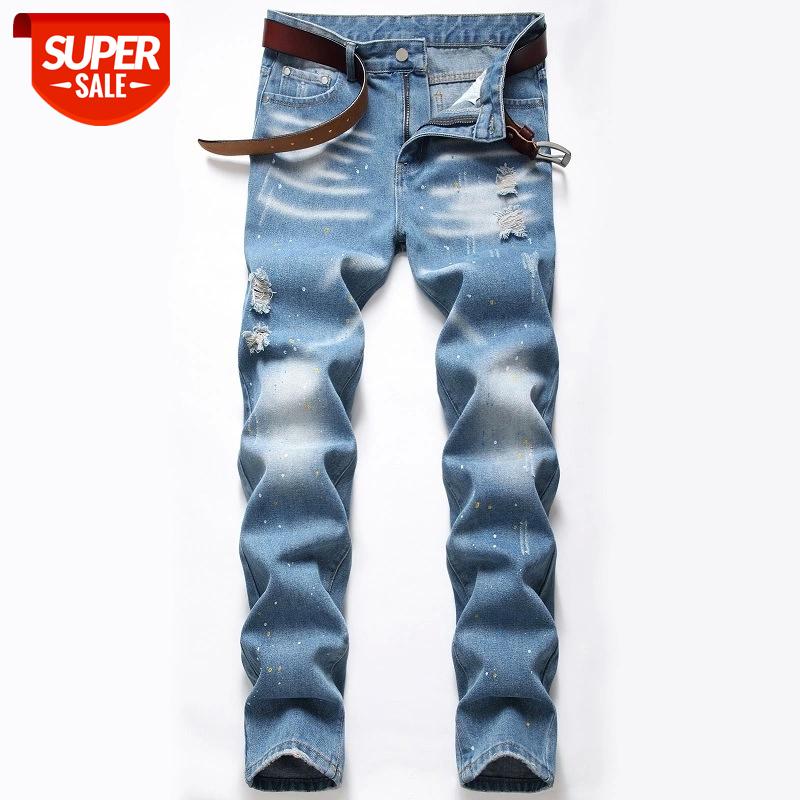 

New Fashion 2021 AUTUMN Spring Hole Blue Jeans Men's Ripped Skinny Biker Destroyed Denim Trousers #L444, Black