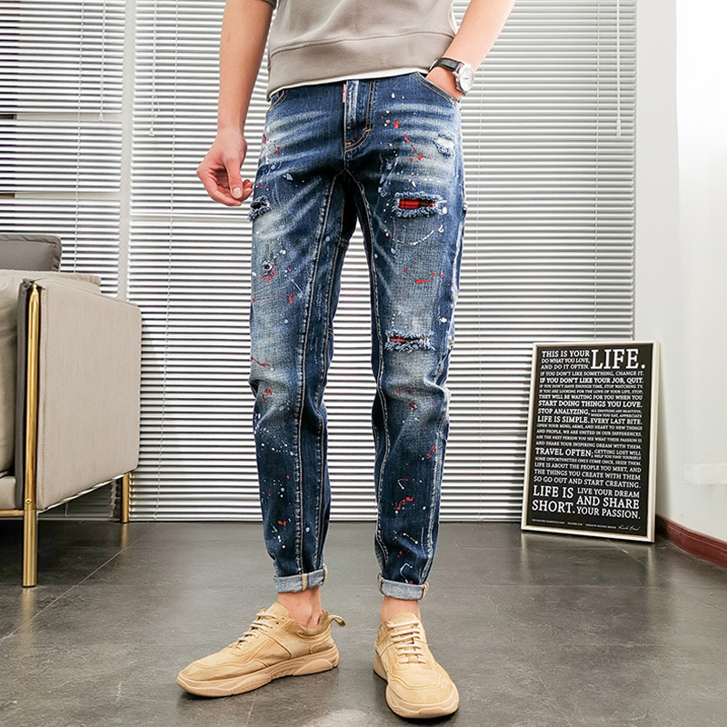 

2021 New Fashion Streetwear Men Jeans Retro Blue Elastic Cotton Slim Fit Ripped Denim Punk Trousers Painted Designer Hip Hop Pencil Pants 4o