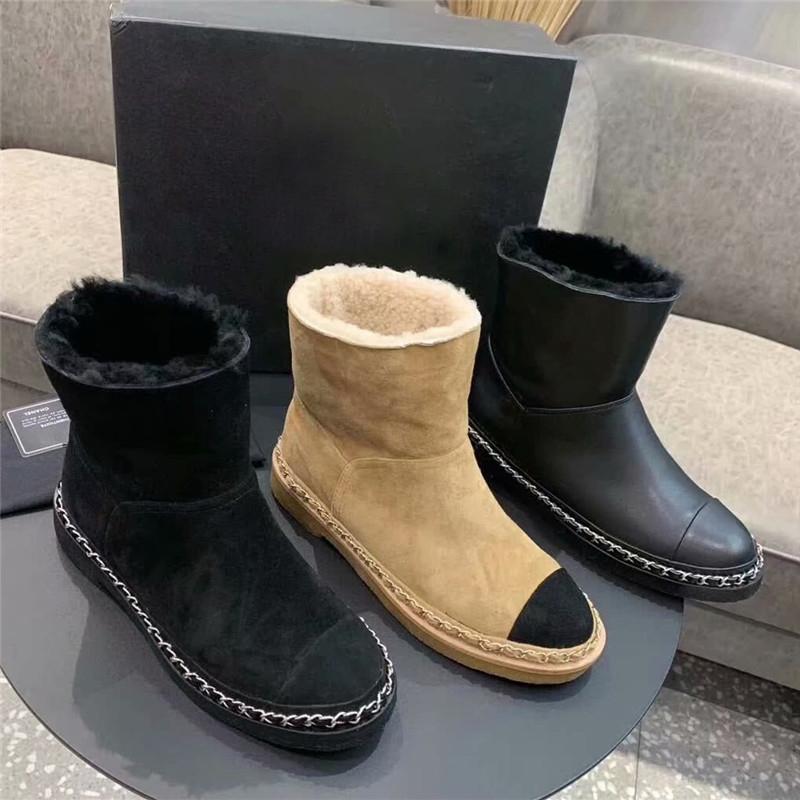 

Boots 2021 Winter Women Snow Fashion Warm Plush Fur Boot Chain Trimmed Suede Slip-on Ankle Flat Shoes Woman, Black