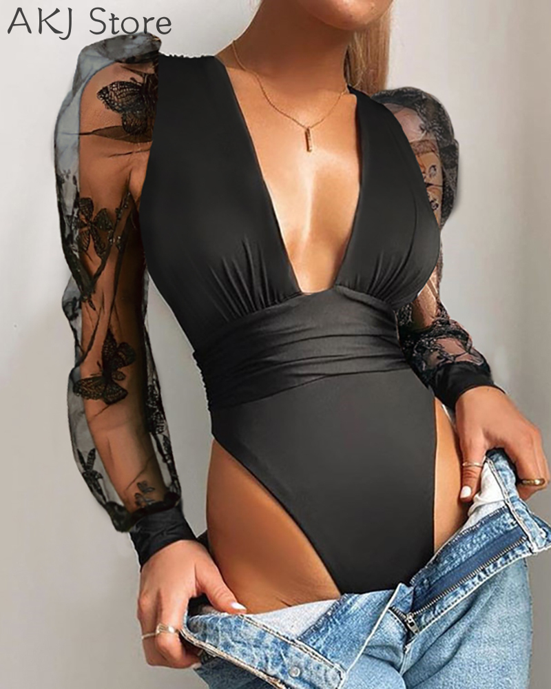 

Women Sexy Puff Sleeve Sheer Mesh Bodysuit, Black