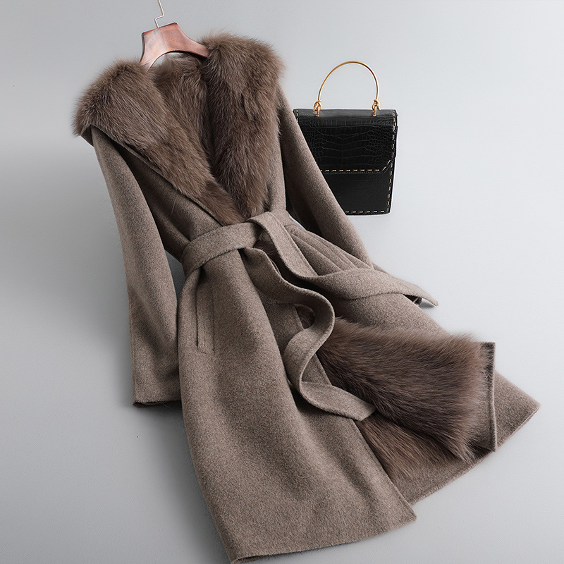 

Winter Jacket Womens Long Fox Fur Coat Thicken Warm Woollen Furs Jackets Hooded High Streetwear Trench Coats Overcoat Windbreakers, Coffee color