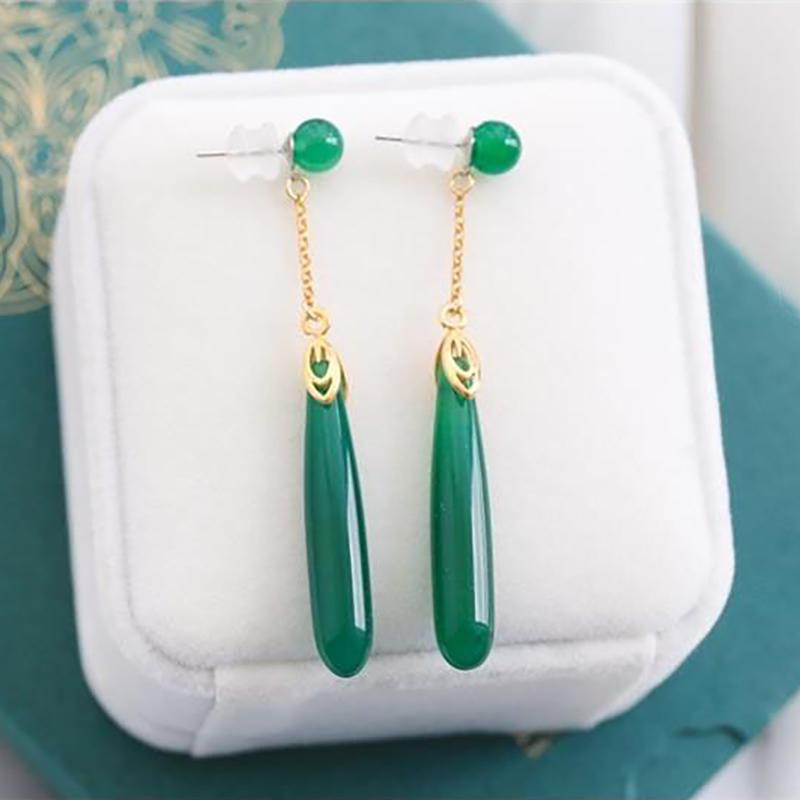 

Dangle & Chandelier Original Silver Inlaid Natural Green Chalcedony Geometric Earrings Chinese Style Retro Design Charm Ladies Jewelry