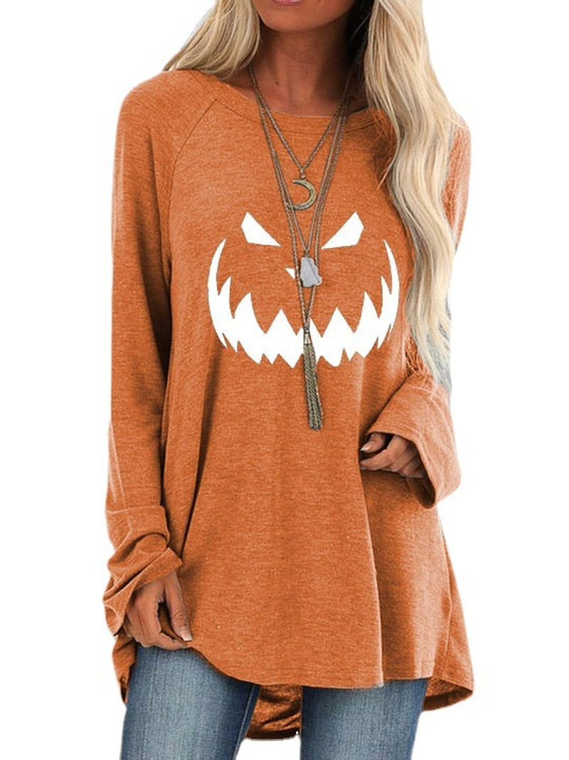 

Halloween T-shirts Pumpkin Emoji Long Sleeve Loose Print Casual Women, White