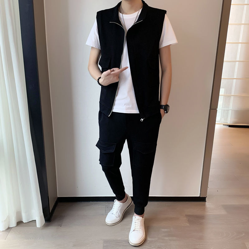 

2021 New Summer Men's Short Sleeve Casual Vest 3 Piece Suit Ins Trend Pants Set Spring Tracksuit for Men Diby, Light gray