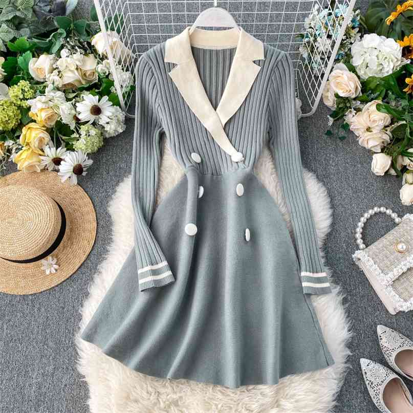 

Elegant women knitting dress autumn v neck long sleeve double breasted high waist slim korean style sweater dresses 210603, Light brown