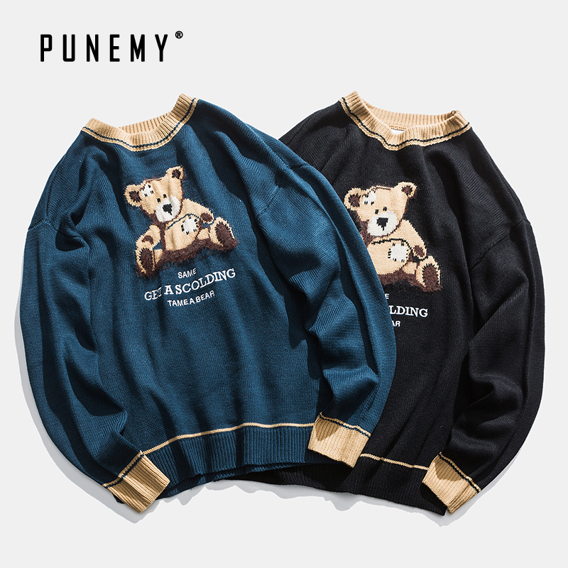 

2021 Men Retro Teddy Bear Pattern Acrylic Oversize Hip Hop Streetwear Harajuku Autumn New Pullover Men's Sweaters V09t, Blue