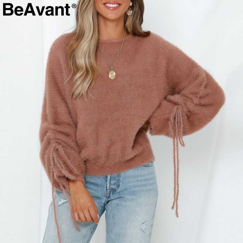 

BeAvant O-neck soft mohair pullover sweater Women drawstring drop sleeve sweaters Casual streetwear knitted jumpers female tops 210709, Color1