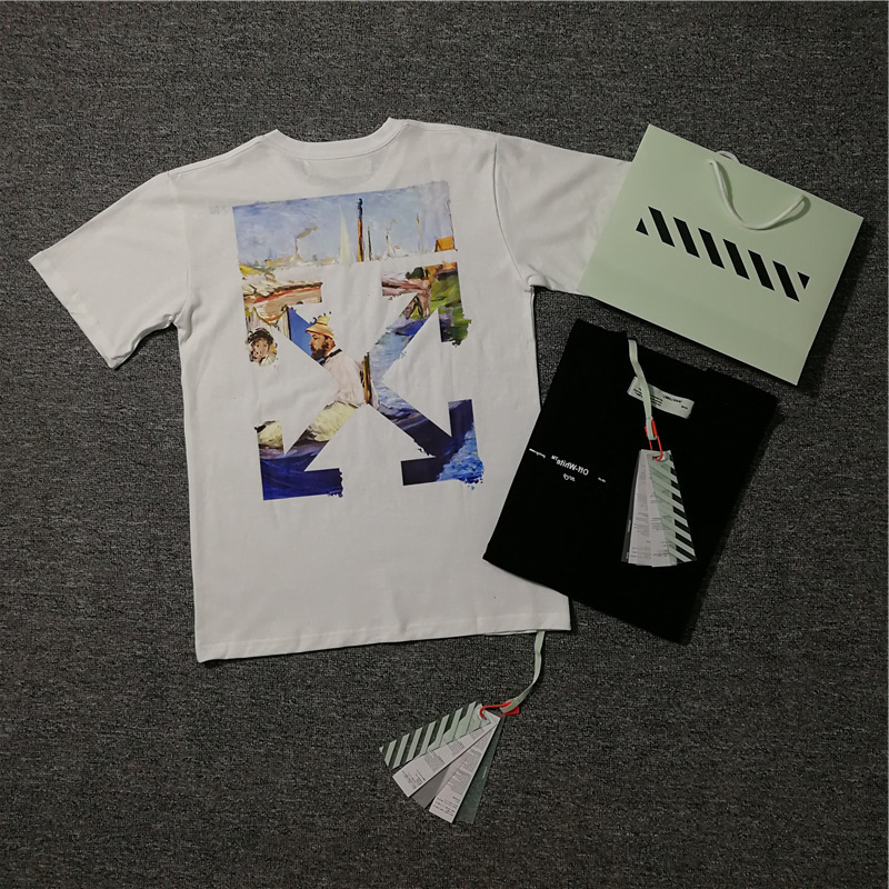 

Ow 19ss hand painted white off Forrest Gump high definition oil painting cotton T-shirt round neck short sleeve, White;black