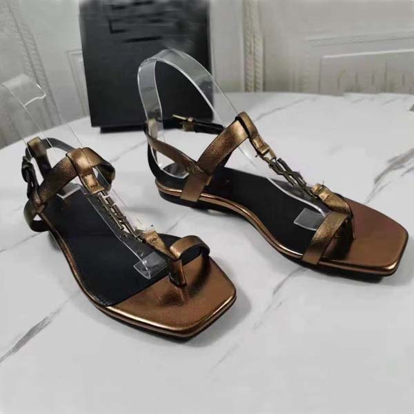 

Women sandal Designer Sandals Metal Y Flat heel Genuine leather shoes 35-43 WIth box, Brown