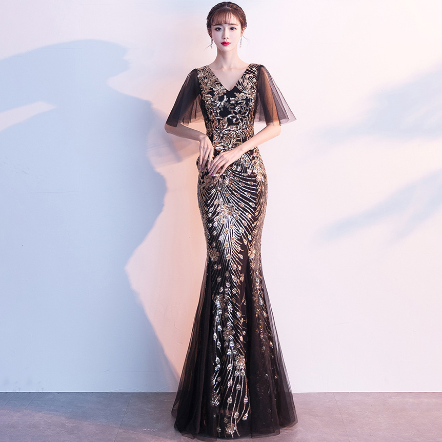 

Vintage 1920s Wedding Prom Sequin Evening Gown Sexy Deep V-neck Sleeveless Shiny Party Dresses 65zy, Black
