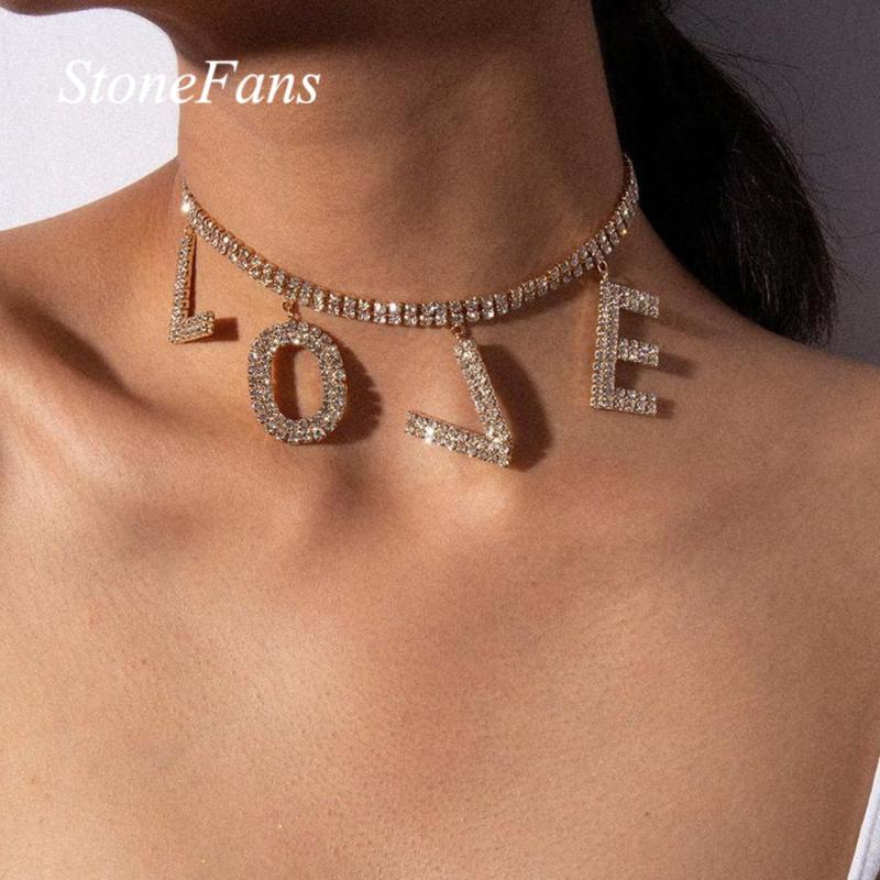 

Pendant Necklaces Stonefans Statement Love Rhinestone Letter Choker Necklace For Women Minimalist Gold Crystal Alphabet Jewelry