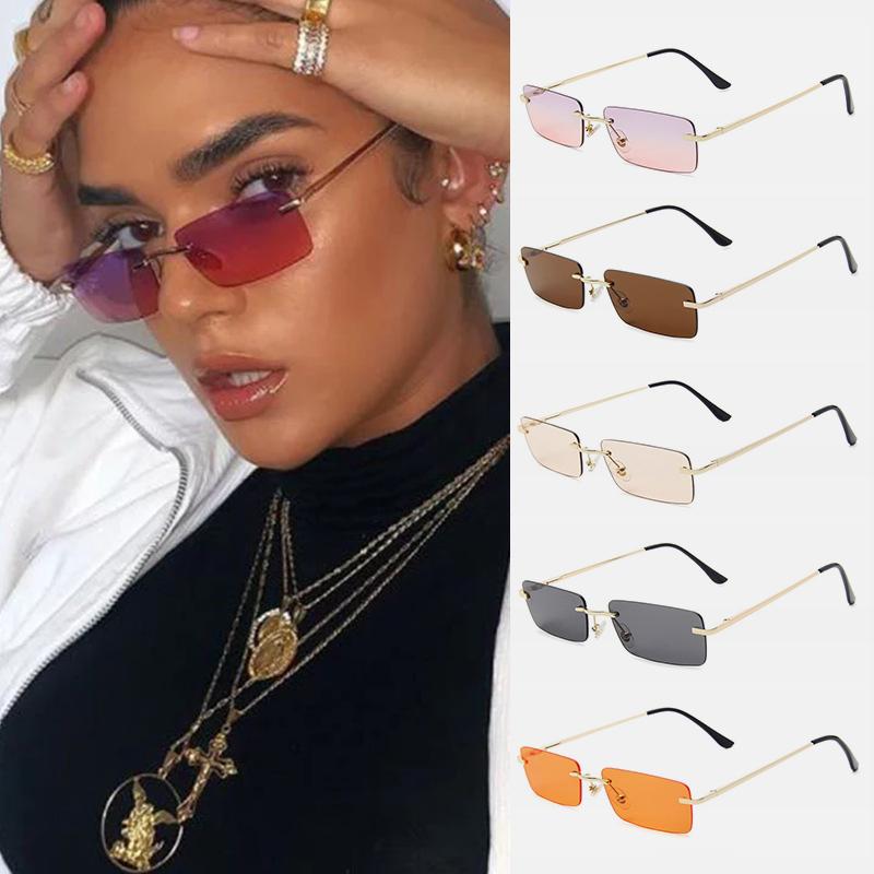 

Sunglasses Classic Frameless Metal Eyewear Women Square Small Frame Spring Leg Trend Glasses Gafas De Sol