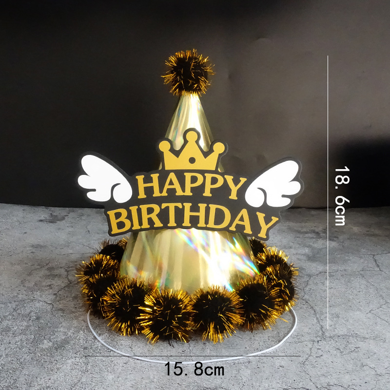 

party hats paper Happy birthday hat fur ball wings gold bronzing 2021 cone cap Decorative ornaments black and golden colors