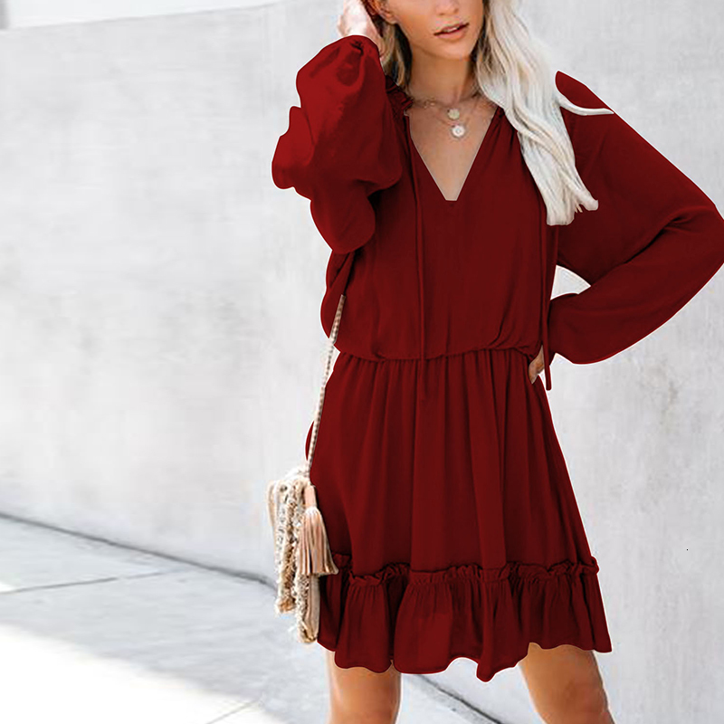 

2021 New Women Spring v Neck Casual Lantern Sleeve Slim a Line Female Autumn Pleated Patchwork Midi Party Vestido Nzem, Black