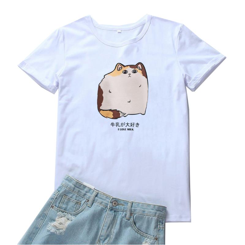 

Women' T-Shirt I Love Milk T Shirts Women Cute Fat Cat Print Tshirt Cotton Short Sleeves Tees Tops Funny Cartoon Pattern T-shirts, Solid