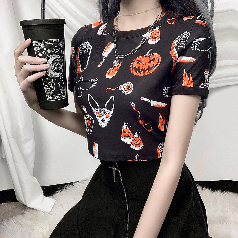 

Funny Animal Print T-shirt Short Sleeve O-neck Cropped Top Gothic Casual High Street Summer Lady Tee Top T Shirt 2021, White