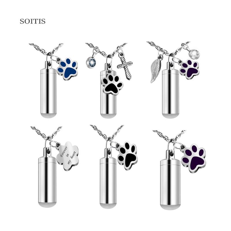 

Pendant Necklaces SOITIS Customize Cremation Dog Print Decoration Stainless Steel Vial Engraved Carving Urn Necklace, Silver