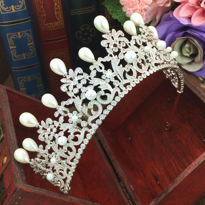 

Hair Clips & Barrettes Big Paved Cubic Zircon Tiara Shell Pearl Zirconia Crown CZ Diadema Bridal Coroa Wedding Accessories Bijoux Cheveux WI