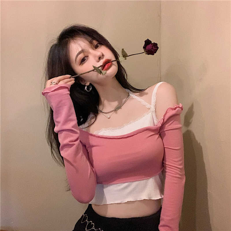 

WOMENGAGA Slash Neck Short Navel Sexy Tight T Shirt Female Spring Summer Tops Long Sleeve Slim Pink Top Y78Z 210603, White t-shirt