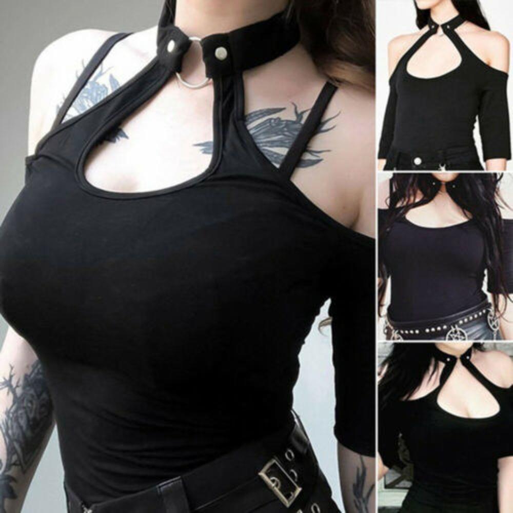 

womens shirt black with choker women short sleeve off shoulder gothic solid halter buckle neck regular punk vest, White