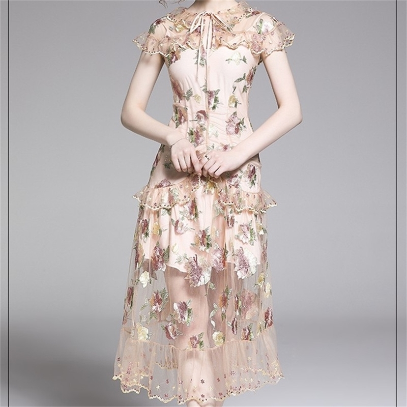 

Elegant Flower Embroidery Overlay Mesh Dress Summer Women Runway Short Sleeve O-Neck Lace-up Ruffles Slim Party 210603, Picture color
