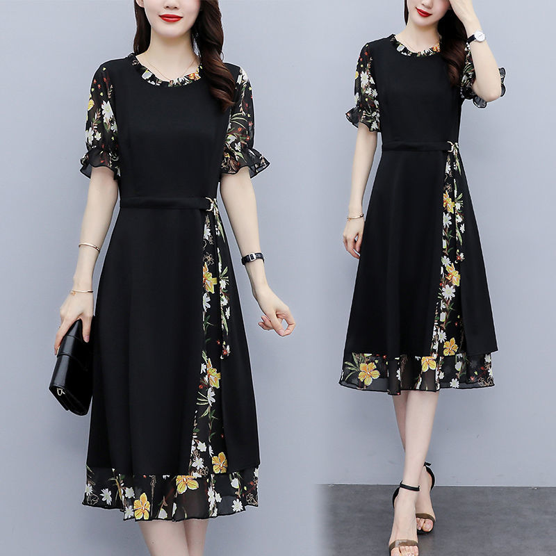 

Embroidery Vintage Cocktail Dresses Women Summer Elegant Short Sleeve Fungus Patchwork Print With Belt Plus Size Party Dress, Same as picture